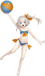 1girl absurdres agemmata ball barefoot beachball bikini blonde_hair blue_bikini blue_eyes bow breasts hair_bow highres holding holding_ball holding_beachball marimari_(vtuber) medium_hair navel one_side_up open_mouth orange_bow phase_connect small_breasts smile solo swimsuit virtual_youtuber