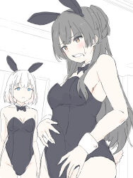 2girls animal_ears bare_shoulders black_bow black_bowtie black_hair black_hairband black_leotard bow bowtie breasts brown_eyes clenched_teeth collar detached_collar fake_animal_ears grey_hair hairband highres idolmaster idolmaster_shiny_colors indoors leotard long_hair mayuzumi_fuyuko medium_breasts misaki_nonaka multiple_girls playboy_bunny rabbit_ears serizawa_asahi strapless strapless_leotard teeth two_side_up very_long_hair white_collar wing_collar wrist_cuffs