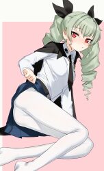 1girl :/ anchovy_(girls_und_panzer) ass belt black_belt black_bow black_necktie blue_skirt blush bow closed_mouth clothes_lift commentary drill_hair eltir girls_und_panzer green_hair hair_bow hair_ornament highres long_hair long_sleeves looking_at_viewer necktie panties panty_pull red_eyes shirt skirt skirt_lift solo twin_drills underwear white_shirt