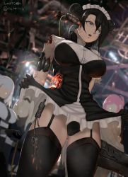 4girls absurdres agent_(girls&#039;_frontline) android black_dress black_gloves black_hair black_legwear black_panties breasts cable clothes_lift damaged double_bun dress dress_lift frilled_dress frills garter_belt girls&#039;_frontline gloves grey_eyes hacking hair_bun highres lifting_own_clothes maid maid_headdress mechabare medium_breasts multiple_girls panties puffy_short_sleeves puffy_sleeves sangvis_ferri shirt short_sleeves solo_focus takefu_jiin thighhighs underwear white_shirt