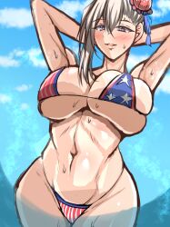 absurdres american_flag american_flag_bikini american_flag_print armpits bad_tag bikini blue_eyes blush breasts fate/grand_order fate_(series) flag_print flag_print_bikini highres huge_breasts large_breasts miyamoto_musashi_(fate) parted_lips presenting_armpit print_bikini sweat swimsuit toned toned_female wide_hips