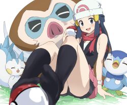 1girl absurdres arm_support beanie black_shirt black_shorts black_socks blue_eyes blue_hair blurry blurry_foreground blush breasts commentary_request dawn_(pokemon) feet foreshortening gen_4_pokemon hair_ornament hairclip hat head_tilt highres holding_with_feet knees_up legs long_hair looking_at_viewer mamoswine multiple_others nintendo no_shoes open_mouth pachirisu pink_skirt piplup poke_ball_print pokemon pokemon_(anime) pokemon_(creature) pokemon_dppt_(anime) poketch rauto red_scarf scarf shirt shorts shorts_under_skirt sidelocks sitting skirt sleeveless sleeveless_shirt small_breasts socks thighs watch white_background white_headwear wristwatch