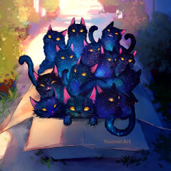 6+others animal_focus artist_name box bush cardboard_box cat claws commentary day english_commentary highres in_box in_container looking_at_viewer multiple_others no_humans original outdoors sky space space_cat_(yuumei) star_(sky) starry_sky starry_sky_print whiskers yellow_eyes yuumei