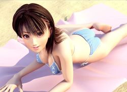 1girl 3d ass barefoot beach bikini blue_bikini breasts brown_eyes brown_hair covered_erect_nipples day feet female_focus flear incise_soul lying m-rs solo swimsuit