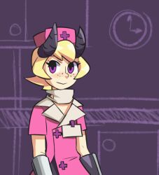 adjusting_clothes adjusting_gloves freckles gloves hat horns mask mouth_mask nalfirstart nurse nurse_cap patty_(skullgirls) skullgirls surgical_mask