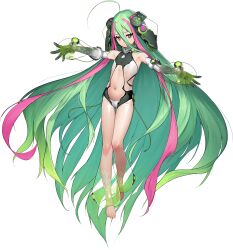 Rule 34 | 1girl, ahoge, armpits, beeeeen, clothing request, commission, detached sleeves, flat chest, full body, gloves, green eyes, green hair, hair between eyes, hair ornament, highres, hologram, holographic clothing, huge ahoge, ireina (last origin), last origin, light particles, long hair, looking at viewer, multicolored hair, navel, official art, pink hair, see-through clothes, short shorts, shorts, solo, squid, tachi-e, transparent background, two-tone hair, very long hair