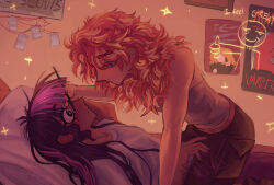 Rule 34 | 2girls, blue eyes, closed mouth, depresed-duck, highres, lesbians doing makeup (meme), long hair, looking at another, makeup, makeup brush, meme, multiple girls, my little pony, my little pony: equestria girls, my little pony: friendship is magic, pillow, poster (object), purple eyes, purple hair, red hair, sci-twi, shirt, sunset shimmer, t-shirt, twilight sparkle