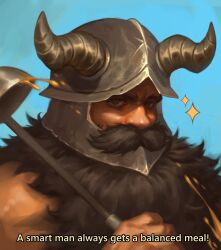 1boy beard dungeon_meshi dwarf english_text facial_hair fake_horns helmet highres holding holding_ladle horned_helmet horns ladle long_beard looking_at_viewer male_focus muscular muscular_male mustache reda_draws senshi_(dungeon_meshi) serious solo sparkle splatter subtitled thick_eyebrows thick_mustache upper_body very_long_beard