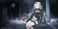 1girl absurdres an-94_(girls&#039;_frontline) black_cape blonde_hair blue_eyes brick_wall cape cat chinese_commentary commentary_request girls&#039;_frontline girls&#039;_frontline_2:_exilium highres lantern long_hair night plant sitting starshadowmagician