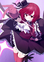1girl absurdres arima_kana black_hat black_skirt frilled_skirt frills gloves hat highres looking_at_viewer mini_hat mini_top_hat oshi_no_ko purple_background red_eyes red_gloves red_hair red_thighhighs short_hair skirt smile solo thighhighs top_hat wako_(1194433260)