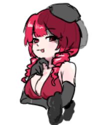 bare_shoulders black_gloves black_veil breasts cleavage cocktail_dress dress drill_hair elbow_gloves fur_shawl gloves hand_on_own_chin kasane_teto red_dress red_eyes red_hair saruyama_ushirou seductive_smile shawl side_slit smile tongue tongue_out twin_drills utau veil