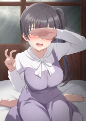 absurdres akamine_ten barefoot bed_sheet bent_v black_hair blush breasts collarbone commentary_request covering_own_eyes dress embarrassed forced_smile hair_ornament hairclip highres indoors large_breasts long_hair long_sleeves love_live! love_live!_nijigasaki_high_school_idol_club love_live!_nijigasaki_high_school_idol_club_the_movie_-_finale purple_dress shirt side_ponytail sitting smile strap_slip sweat toes v wariza white_shirt zanpon