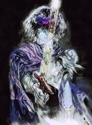 1other arm_at_side armor armored_gloves black_background black_bodysuit black_hair blackmaro1 blue_skin bodysuit closed_mouth colored_skin deltarune dual_persona gloves grey_gloves hair_between_eyes heterochromia highres holding holding_sword holding_weapon kris_(deltarune) looking_at_viewer other_focus purple_scarf red_eyes revealing_layer scarf short_hair short_sleeves shoulder_armor simple_background solo sword upper_body upturned_eyes weapon white_eyes