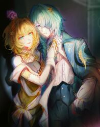 Rule 34 | 1boy, 1girl, aglaea (honkai: star rail), anaxa (honkai: star rail), blonde hair, breasts, cleavage, coat, commentary request, dress, eyepatch, green coat, green eyes, green hair, honkai: star rail, honkai (series), jelly rabi, jewelry, large breasts, laurel crown, looking at another, medium hair, pants, ring, shirt, short hair, white shirt, yellow dress, yellow nails
