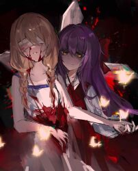 2girls absurdres apron blindfold blonde_hair blood blood_on_clothes blood_on_face blood_splatter bow braid collarbone collared_shirt crying dark_background dress ellen_(majo_no_ie) hair_bow highres holding_hands injury long_hair long_sleeves majo_no_ie multiple_girls purple_hair red_bow red_dress ribbon shirt smile streaming_tears tears twin_braids upper_body viola_(majo_no_ie) white_shirt xixing_chun yellow_eyes