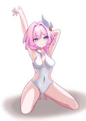 1girl absurdres ain_(user_fmyz8733) alternate_costume arm_up armpits barefoot blue_eyes breasts clothing_cutout commentary_request covered_navel cyrene_(honkai:_star_rail) feet hair_ornament highres honkai:_star_rail honkai_(series) kneeling medium_breasts medium_hair one-piece_swimsuit pink_hair side_cutout simple_background smile solo swimsuit toes white_background white_one-piece_swimsuit