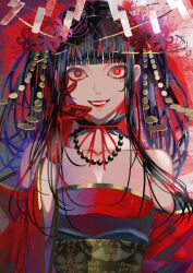 1girl absurdres black_hair breasts cleavage eyeliner flower gloves hair_flower hair_ornament highres jewelry large_breasts lipstick long_hair looking_at_viewer makeup mole mole_under_eye necklace original parted_lips red_eyes red_lips smile syakemayusan wide-eyed