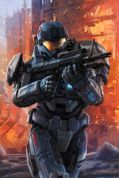 1boy absurdres aiming armor assault_visor battle_rifle bullpup carter-a259 concept_art fiery_background fire gun halo:_reach halo_(series) helmet highres holding holding_gun holding_weapon isaac_hannaford m392_marksman official_art photoshop_(medium) power_armor rifle science_fiction scope shoulder_armor solo spartan_(halo) weapon wrist_display
