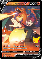 1boy artist_name black_shirt blue_eyes breath_weapon breathing_fire cape card_(medium) character_name charizard claws company_name copyright_name copyright_notice dragon dragon_wings embers english_text fangs fire flame-tipped_tail gen_1_pokemon ishikawa_hideki lance_(pokemon) long_sleeves nintendo official_art open_mouth outstretched_arm pikachu pokemon pokemon_(creature) pokemon_card pokemon_frlg pokemon_tcg red_hair shirt short_hair smile spiked_hair tail teeth third-party_source tongue trading_card upper_teeth_only wings