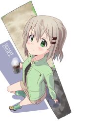1girl ass bare_legs black_shirt blush boots breasts brown_skirt closed_mouth collarbone dot_nose female_focus green_boots green_eyes green_jacket green_socks grey_hair hair_ornament hairclip highres jacket kohshibasaki looking_at_viewer medium_hair miniskirt open_clothes open_jacket rock shirt short_hair signature sitting skirt small_breasts smile socks solo t-shirt thighs yama_no_susume yukimura_aoi