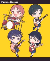 4girls :d :o aqua_eyes bass_guitar black_eyes black_hair black_socks black_sweater_vest blue_sandals blue_skirt blunt_bangs braid chibi chibi_only closed_mouth collared_shirt commentary copyright_name dress_shirt drum drum_set drumsticks fretless_bass_guitar fretless_guitar fretless_instrument fujii_ayame full_body futsuu_no_keion-bu guitar guitar_strap hair_ornament hairpin hatono_chihiro heartbreak_(futsuu_no_keion-bu) highres holding holding_bass_guitar holding_drumsticks holding_guitar holding_instrument hood hood_down hooded_jacket instrument jacket kouyama_rin long_hair medium_hair mole mole_under_eye multicolored_hair multiple_girls neck_ribbon open_clothes open_jacket open_mouth parted_bangs pink_jacket pixie_cut pleated_skirt purple_eyes purple_hair purple_socks red_eyes red_hair red_ribbon ribbon sandals shirt shirt_tucked_in short_hair short_sleeves skirt slides smile socks standing standing_on_one_leg summer_uniform sweater_vest takamine_yotsuha twin_braids twintails two-tone_hair uchida_momo white_shirt white_socks wing_collar wolf_cut