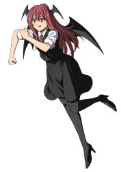 1girl black_pantyhose black_vest demon demon_girl demon_wings full_body hand_on_own_arm high-waist_skirt high_heels highres inuno_rakugaki koakuma necktie pantyhose red_eyes red_hair red_necktie shirt short_sleeves skirt solo tongue tongue_out touhou vest white_background white_shirt wings