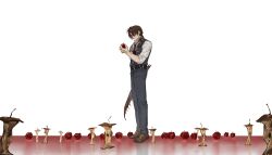1boy apple apple_core arm_up arthropod_limbs belt black_vest brown_hair collared_shirt curtained_hair food from_below fruit full_body glasses gregor_(project_moon) hair_over_shoulder highres holding holding_food holding_fruit horizon kkolo432271 lcb_uniform_(project_moon) limbus_company looking_at_object low_ponytail necktie ponytail project_moon red_necktie reflective_floor shirt sleeves_rolled_up solo standing vest white_background white_shirt