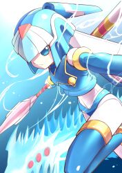 1girl absurdres android armor blue_armor blue_eyes blue_helmet cowboy_shot dragon fairy_leviathan_(mega_man) fins forehead_jewel head_fins helmet highres ice_dragon mega_man_(series) mega_man_zero_(series) robot_girl shimomu14 smile solo underwater