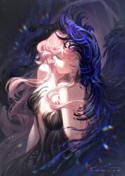 1girl absurdres artist_name bare_arms bare_shoulders black_dress black_skin black_veil blue_veil breasts cleavage closed_eyes closed_mouth colored_skin dark_background dated dress facing_viewer gradient_skin hand_up highres long_hair medium_breasts nautika_(reverse:1999) pink_hair plunging_neckline reverse:1999 solo two-tone_veil upper_body veil very_long_hair xiaoji_chuangzao