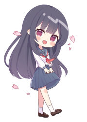 1girl black_sailor_collar black_skirt blush_stickers brown_shoes chibi chibi_only falling_petals full_body furutori loafers long_hair long_sleeves looking_at_viewer neckerchief open_mouth original own_hands_together petals pink_eyes red_neckerchief sailor_collar school_uniform shirt shoes sidelocks simple_background skirt smile socks solo v_arms very_long_hair white_background white_shirt white_socks