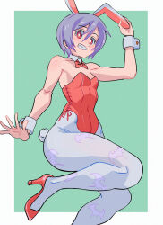 1girl animal_ear_hairband animal_ears animal_print bat_print border bow bowtie breasts collarbone commentary covered_navel darkstalkers detached_collar fake_animal_ears fake_tail futa_yuri_ryona green_background hairband high_heels leotard lilith_(darkstalkers) looking_at_viewer nontraditional_playboy_bunny outside_border pantyhose print_pantyhose purple_eyes purple_hair rabbit_ear_hairband rabbit_ears rabbit_tail red_bow red_bowtie red_eyes red_leotard red_shoes shoes short_hair side-tie_leotard simple_background small_breasts smile solo tail teeth white_border wrist_cuffs