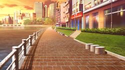 brick_floor brick_road building bush cityscape cloud cloudy_sky english_text glowing highres lake no_humans non-web_source official_art orange_light our_life:_beginnings_and_always outdoors railing reflection reflective_water scenery sign sky skyscraper stairs sunset water