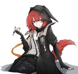 1girl aizettonagi arknights black_coat black_gloves black_pantyhose black_shorts closed_mouth coat commentary_request crownslayer_(arknights) elbow_gloves fingernails gloves hair_between_eyes highres hood hood_up hooded_coat key looking_at_viewer nail_polish open_clothes open_coat pantyhose red_eyes red_hair red_nails red_tail shirt short_hair short_shorts short_sleeves shorts simple_background sitting smile solo tail white_background white_shirt