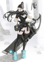 Rule 34 | 1girl, absurdres, arowana2111, belt, black belt, black hair, black leotard, black thighhighs, blue shoes, commentary, english commentary, full body, gluteal fold, hand on own hip, highres, holding, holding sword, holding weapon, huge weapon, leotard, long hair, looking to the side, original, ponytail, robot, shoelaces, shoes, sneakers, solo, standing, sword, thigh belt, thigh strap, thighhighs, weapon, white background