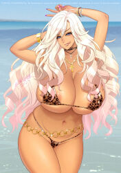 1girl animal_print ankh areola_slip blonde_hair blue_eyes blush bracelet breasts choker cleavage covered_erect_nipples cross cross_choker cross_necklace curvy dark-skinned_female dark_skin drill_hair drill_sidelocks full_body g-string gyaru highres huge_breasts jewelry leopard_print long_hair looking_at_viewer mature_female necklace nishiori_ai original sidelocks smile solo standing swimsuit tatsunami_youtoku thighs thong tongue tongue_out