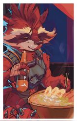 1boy animal_ears artist_name bottle chopsticks commentary concosive english_commentary food furry furry_male half-closed_eye highres holding holding_bottle holding_chopsticks licking_lips male_focus marvel marvel_rivals noodles one_eye_closed penis penis_peek precum raccoon_boy raccoon_ears ramen rocket_raccoon steam sweat tongue tongue_out whiskers