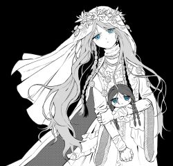 1girl black_background blue_eyes braid cape character_doll closed_mouth cowboy_shot doll doll_joints dress earrings elden_ring elden_ring_nightreign expressionless flower flower_wreath fumo_(doll) gloves grey_hair greyscale head_tilt head_wreath highres holding holding_doll hoop_earrings hugging_object jewelry joints long_hair long_sleeves looking_at_viewer monochrome necklace revenant_(elden_ring) side_braids simple_background solo spot_color sqqccca twin_braids veil very_long_hair white_dress wide_sleeves