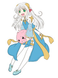 Rule 34 | 1girl, :d, arch bishop (ragnarok online), bell, blue dress, blue shoes, breasts, cleavage cutout, clothing cutout, commentary request, creature, cross, dress, frilled thighhighs, frills, full body, green eyes, grey hair, hair bell, hair ornament, holding, holding creature, jingle bell, juliet sleeves, loafers, long hair, long sleeves, looking at viewer, nayuruonline, open mouth, poring, puffy sleeves, ragnarok online, sash, shoes, simple background, small breasts, smile, solo, thighhighs, two-tone dress, white background, white dress, white thighhighs, yellow sash