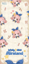 +_+ 1girl absurdres argyle_background arrow_(symbol) artist_request beret blue_bow blue_bowtie blue_brooch blush_stickers boots border bow bowtie brooch brown_boots brown_border brown_eyes bubbly_voyage_(infinity_nikki) character_name copyright_name dotted_line excited eyelashes frilled_bowtie frown hair_ornament hair_rings hairclip halftone hat hat_bow hat_ornament head_only highres infinity_nikki jewelry logo looking_at_viewer multiple_expressions multiple_views nikki_(nikki) nikki_(series) official_art official_wallpaper one_eye_closed open_mouth outline outside_border pink_hair rabbit_hair_ornament sad short_hair shout_lines smile sparkling_eyes star_(symbol) star_hat_ornament tareme white_hat