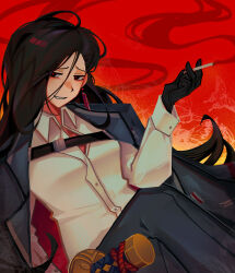 1girl black_coat black_eyes black_gloves black_hair black_pants cigarette coat coat_on_shoulders collared_shirt commentary cosplay crossed_legs earrings english_commentary feet_out_of_frame gloves grin hair_between_eyes half-closed_eyes highres holding holding_cigarette jewelry knees_up limbus_company long_hair long_sleeves looking_at_viewer mole mole_on_forehead pants project_moon red_background red_pupils ryoshu_(project_moon) ryoshu_(project_moon)_(cosplay) shirt single_earring sinmllk sitting smile smoke solo sword synthesizer_v vimalion_pro weapon white_shirt wing_collar yi_xi_(synthesizer_v)