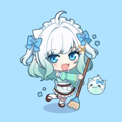1girl ahoge apron blue_background blue_bow blue_eyes blush bow broom brown_shoes brown_skirt chibi commentary detached_sleeves english_commentary fang gradient_hair green_hair green_shirt green_sleeves hair_bow hair_ornament holding holding_broom indie_virtual_youtuber looking_at_viewer maid_headdress mint_fantome mint_fantome_(minto_2.0) multicolored_hair open_mouth r2salt shadow shirt shoes simple_background skin_fang skirt smile socks solo standing standing_on_one_leg two_side_up virtual_youtuber waist_apron white_apron white_hair white_socks wisps_(mint_fantome) x_hair_ornament