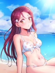 1girl absurdres bikini blue_sky blush breasts ckst cleavage cloud collarbone commentary_request day hair_ornament hairclip half_updo highres long_hair love_live! love_live!_sunshine!! medium_breasts ocean outdoors polka_dot polka_dot_bikini red_eyes red_hair revision sakurauchi_riko side-tie_bikini_bottom sky solo star_(symbol) star_hair_ornament swimsuit white_bikini yellow_eyes