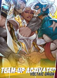 1girl 2boys aroused biting_own_lip boy_sandwich captain_america captain_america_(series) cleavage_cutout closed_eyes clothing_cutout covered_navel dark-skinned_female dark_skin electricity fingering fingering_through_clothes gameplay_mechanics grabbing_another&#039;s_breast groping group_sex hand_in_another&#039;s_clothes helmet highres kissing_head marvel marvel_rivals mmf_threesome multiple_boys muscular muscular_male orcbarbies sandwiched smile steve_rogers storm_(x-men) thor_(marvel) threesome through_clothes white_hair x-men