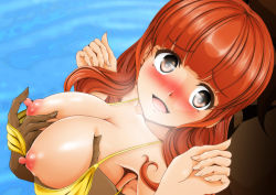 10s 1boy 1girl absurdres bikini blush breasts brown_eyes girls_und_panzer grabbing_another&#039;s_breast grabbing_from_behind groping hetero highres large_breasts looking_at_viewer nanashi_noiji nipples ocean open_mouth orange_hair swimsuit takebe_saori yellow_bikini
