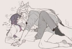2girls ? animal_ears between_legs blush bunster collared_shirt commentary covering_another&#039;s_mouth english_commentary greyscale hand_on_another&#039;s_face iris_wen kemonomimi_mode long_hair long_sleeves love_curse:_find_your_soulmate monochrome multicolored_hair multiple_girls pants parted_lips purple_hair selene_yan shirt shorts socks spoken_question_mark spoken_x spot_color streaked_hair tail wolf_ears wolf_girl wolf_tail yuri