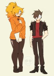 1boy 1girl ankle_boots black_footwear black_pants blush boots breasts brown_footwear brown_hair brown_pants firemauer flying_sweatdrops glasses hair_over_one_eye half-closed_eyes hand_in_pocket hand_on_own_chest height_difference high_ponytail highres holding holding_notebook jacket large_breasts leather leather_jacket leather_pants looking_down nerd_(nerd_and_jock) nerd_and_jock nervous notebook orange_hair orange_sweater pants pigeon-toed ponytail red_shirt role_reversal round_eyewear serious shirt shoes shoulder_spikes shy sleeves_rolled_up spiked_hair spikes sweater tiger_(nerd_and_jock) turtleneck turtleneck_sweater wavy_hair wide_hips