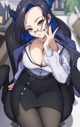 1girl absurdres asymmetrical_horns black-framed_eyewear black_pantyhose black_skirt blue_hair blue_jacket blurry blurry_background breasts cleavage collared_shirt colored_inner_hair commentary earrings glasses h4kuuua_0 hand_up hashtag-only_commentary high-waist_skirt highres hololive hololive_english horns indoors jacket jacket_on_shoulders jewelry large_breasts looking_at_viewer miniskirt mole mole_under_eye multicolored_hair nail_polish necklace nerissa_ravencroft nerissa_ravencroft_(casual) office_lady official_alternate_costume official_alternate_hair_length official_alternate_hairstyle on_chair pantyhose pencil_skirt red_eyes shirt shirt_tucked_in short_hair sitting skirt solo two-tone_hair uneven_horns virtual_youtuber white_shirt