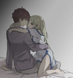 Rule 34 | 1boy, 1girl, atelier (series), atelier lulua, barefoot, blonde hair, brown hair, commentary request, dress, ficus finis, green eyes, grey background, grey shirt, hetero, hug, karasumi (aiseec), long hair, long sleeves, looking at another, on bed, piana (atelier), shirt, short hair, sitting, sitting on person, white dress