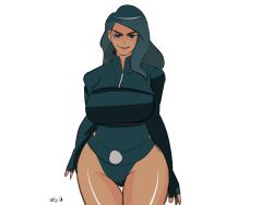 android black_hair bodysuit breasts covering_privates covering_breasts cutoffs dark-skinned_female dark_skin haydee_(game) highres large_breasts self-upload solo