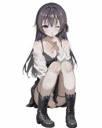 1girl absurdres alternate_costume armpit_crease between_legs black_boots black_dress black_hair black_ribbon boots breasts cardigan cleavage clenched_hand collarbone commentary commentary_request dress dress_ribbon english_commentary finger_to_mouth fishnet_thighhighs fishnets full_body hair_intakes hand_between_legs hand_up highres index_finger_raised jewelry jmx_(j_m_x) knees_up large_breasts light_blush light_smile long_hair looking_at_viewer mixed-language_commentary necklace off_shoulder one_eye_closed open_cardigan open_clothes pink_eyes ribbon ring ring_necklace shiny_skin short_dress shushing simple_background sitting sleeveless sleeveless_dress straight_hair suou_yuki thighhighs tokidoki_bosotto_roshia-go_de_dereru_tonari_no_alya-san white_background white_cardigan wispy_bangs
